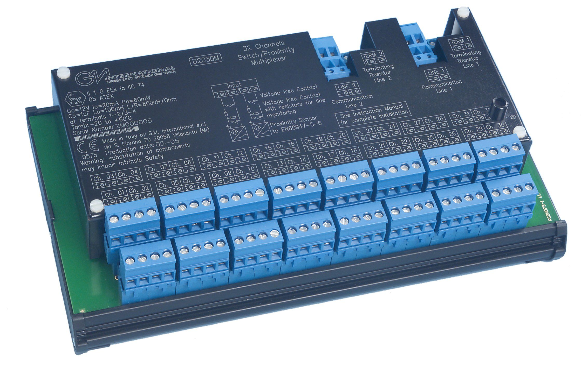 Искробезопасный мультплексор с 32 цифровыми входными каналами, устанавливается в опасной зоне, используется со шлюзом D2050Монтаж на DIN-рейке. До 4 модулей D2030M подключается к шлюзу D2050